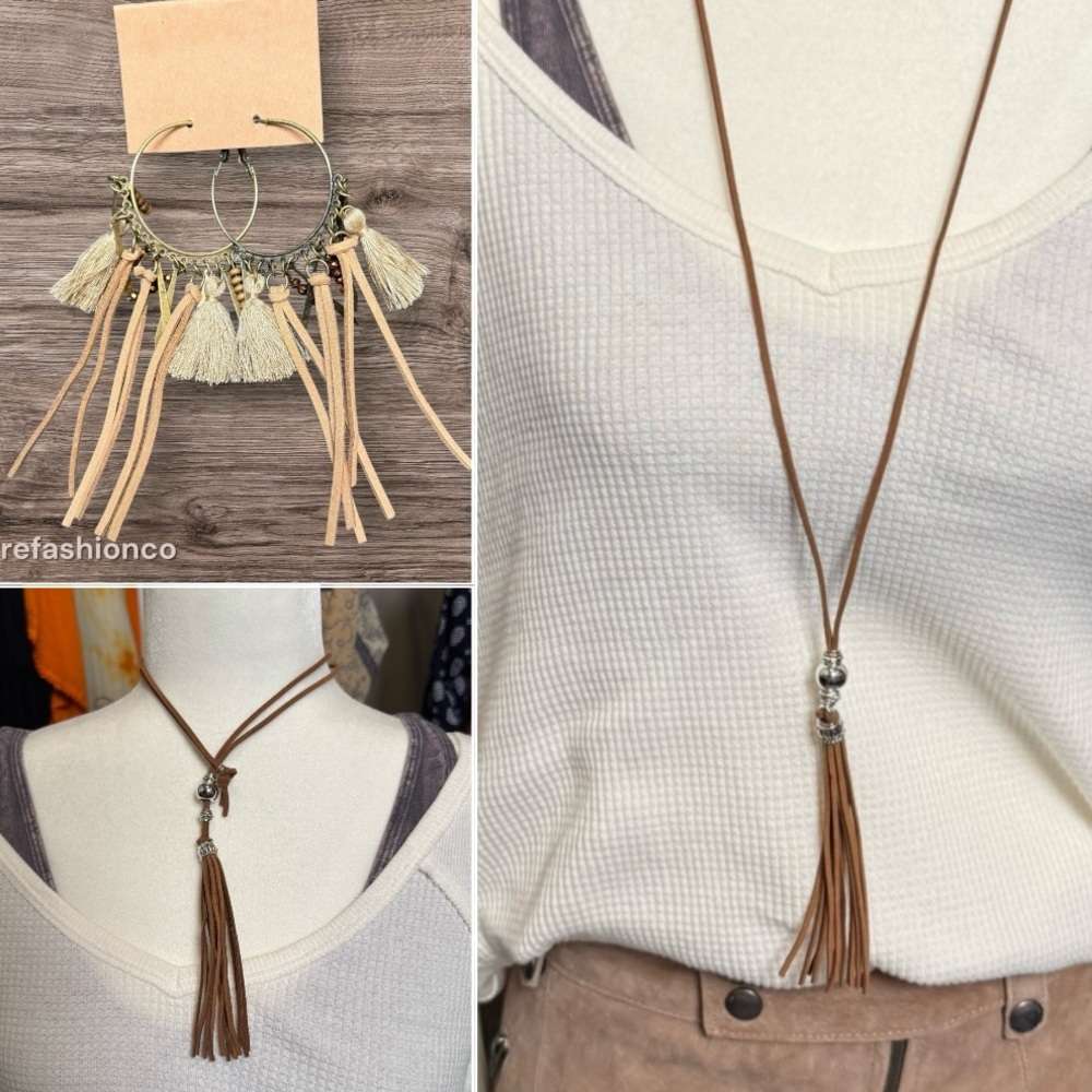 DESERT MUSE SET NEW BOHO TASSEL NECKLACE BRONZE HOOP EARRINGS FESTIVAL JEWELRY